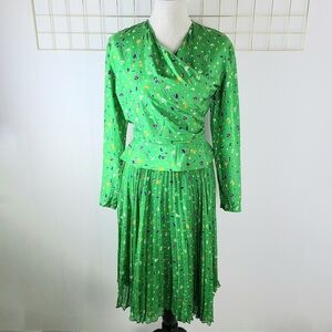 Missoni Donna Made in Italy Silk Pleated Kelly Green Floral Print Vintage Dress